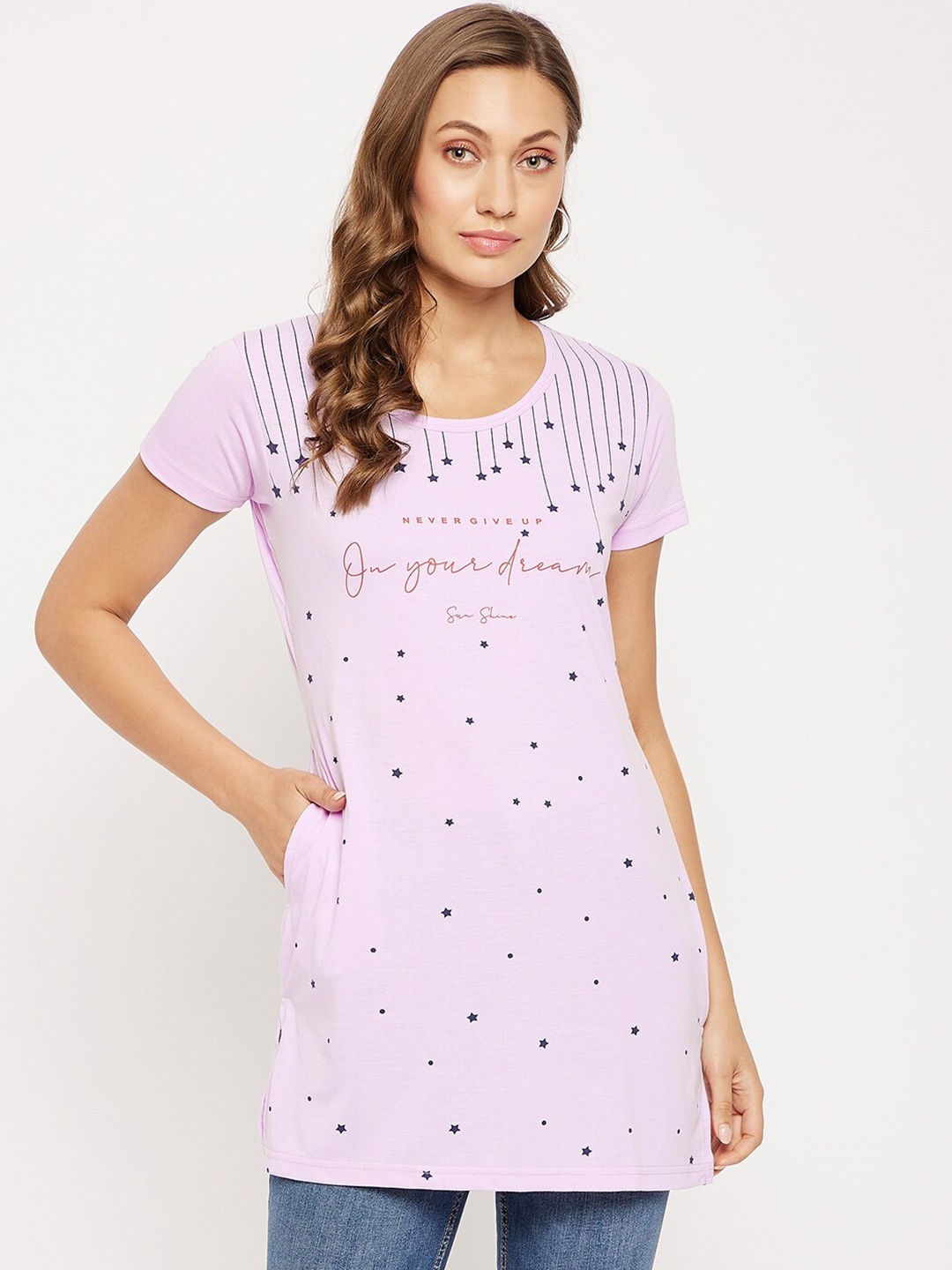 

VERO AMORE Conversational Printed Cotton Longline T-shirt, Lavender