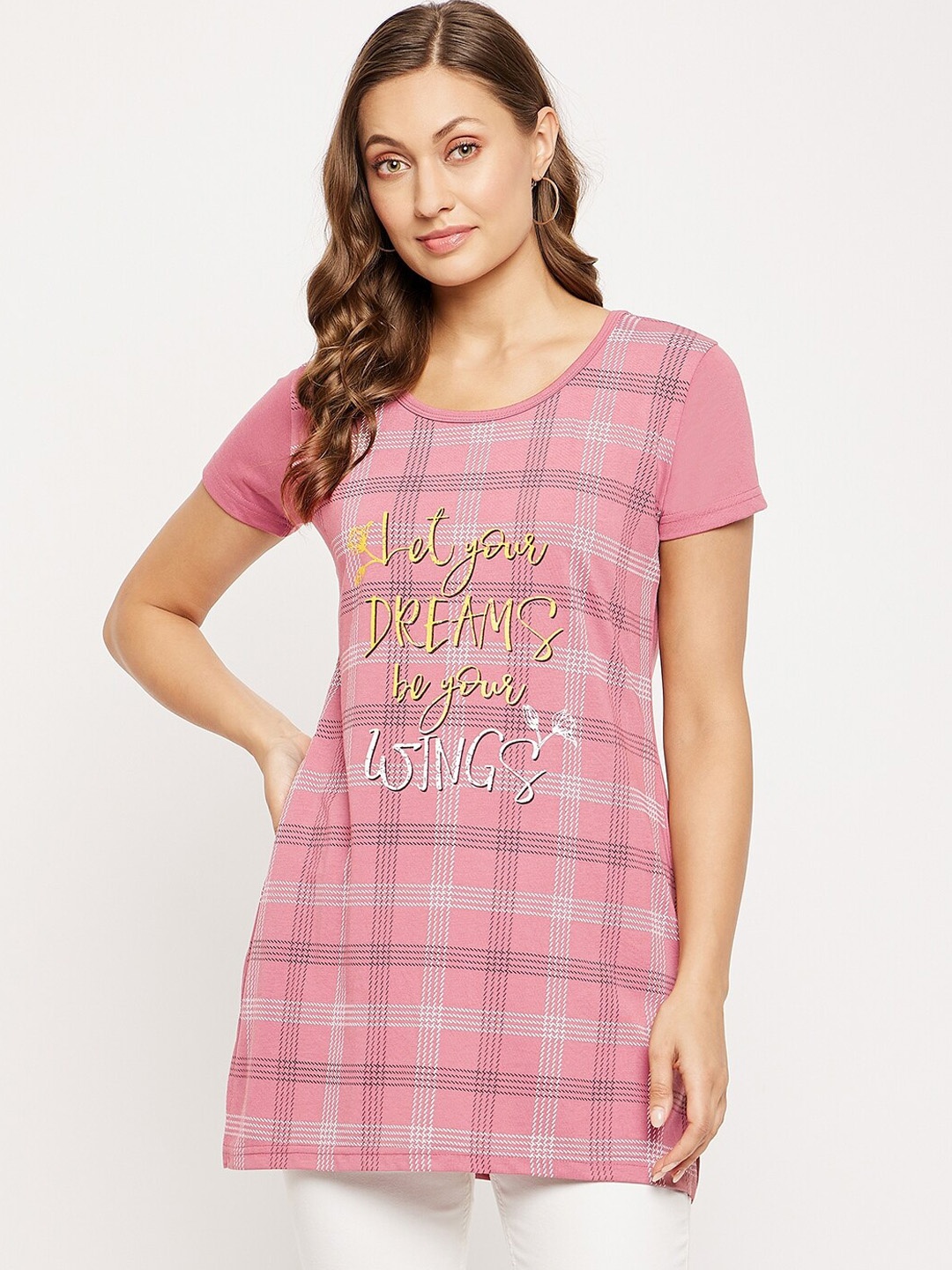 

VERO AMORE Checked Longline Pure Cotton T-shirt, Pink