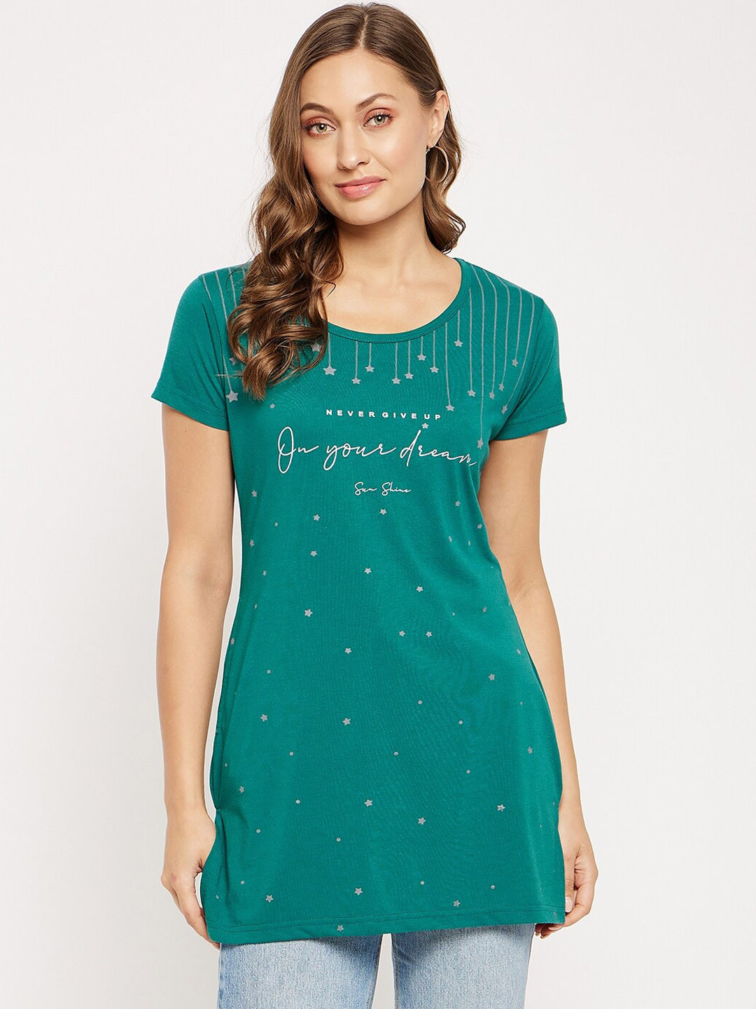 

VERO AMORE Geometric Printed Cotton Longline T-shirt, Teal