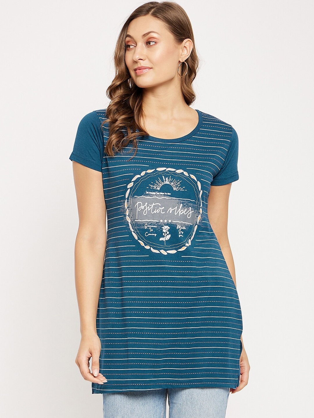 

VERO AMORE Striped Cotton Longline T-shirt, Blue