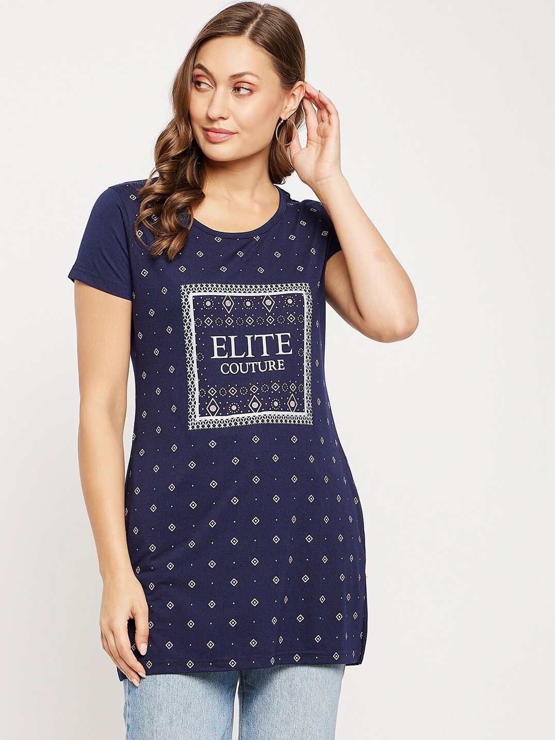 

VERO AMORE Typography & Ethnic Motifs Printed Knitted Longline Cotton T-shirt With Pockets, Navy blue