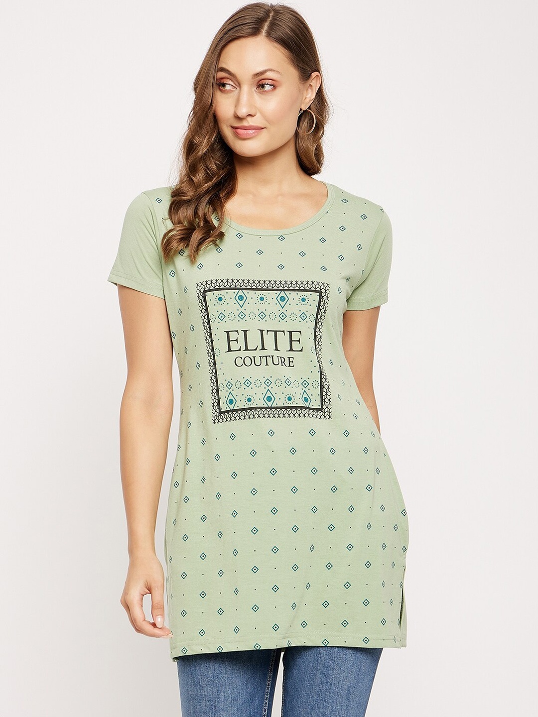 

VERO AMORE Typography Printed Pure Cotton Longline T-shirt, Green