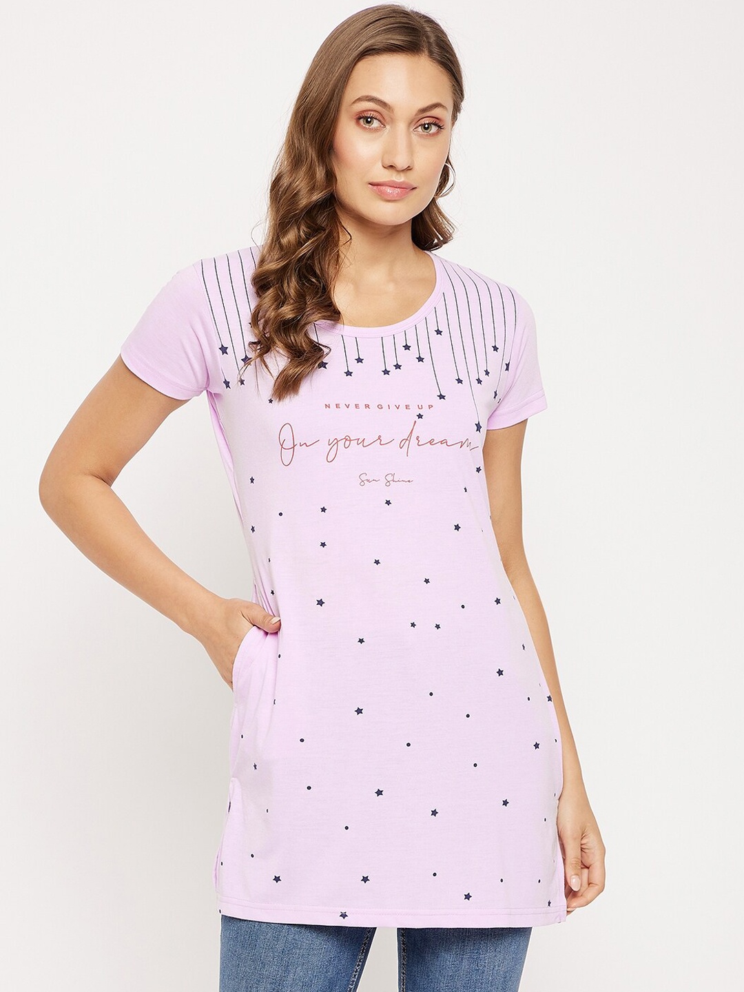 

VERO AMORE Conversational Printed Pure Cotton Longline T-shirt, Lavender