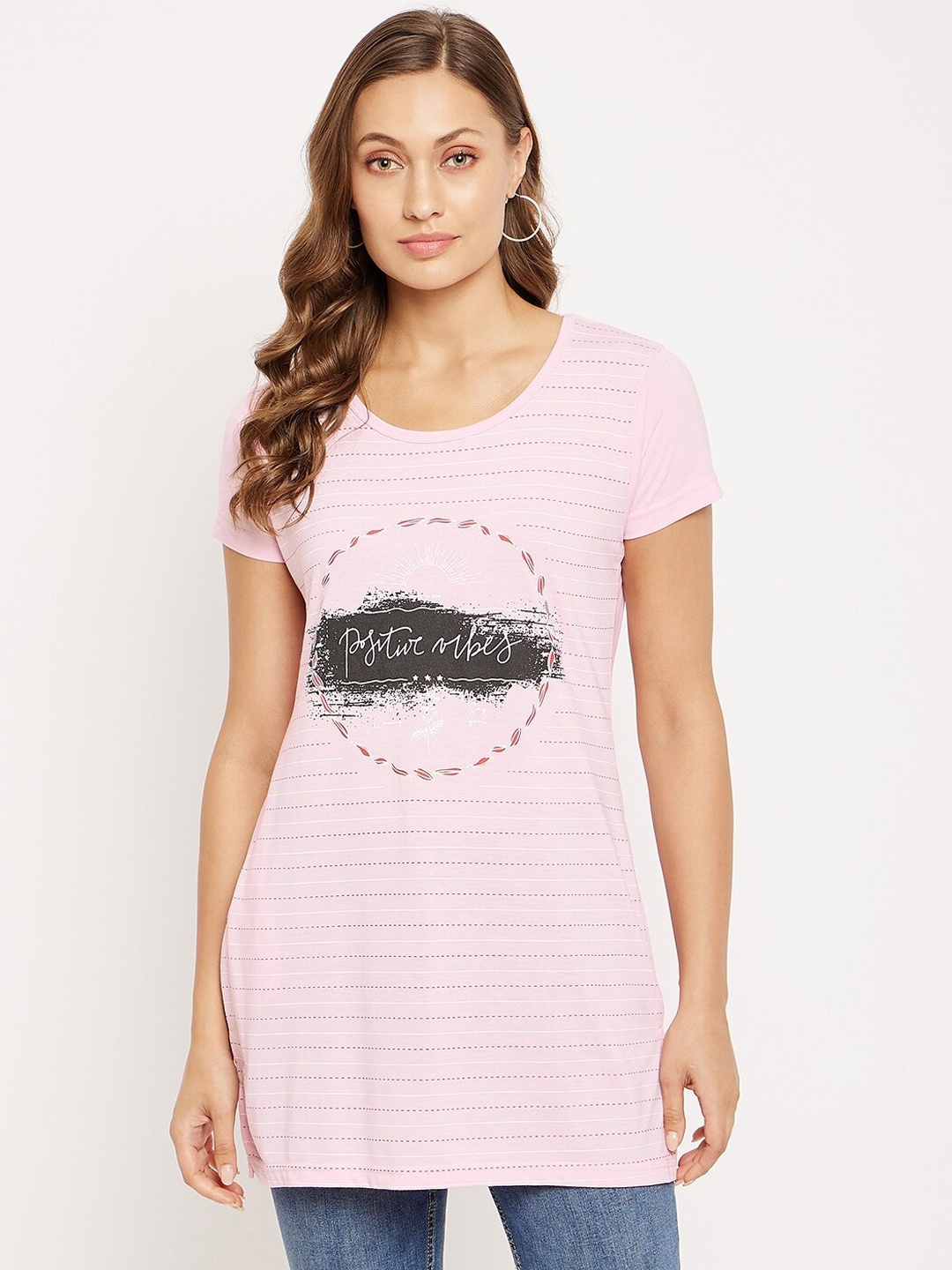 

VERO AMORE Striped Pure Cotton Longline T-shirt, Pink