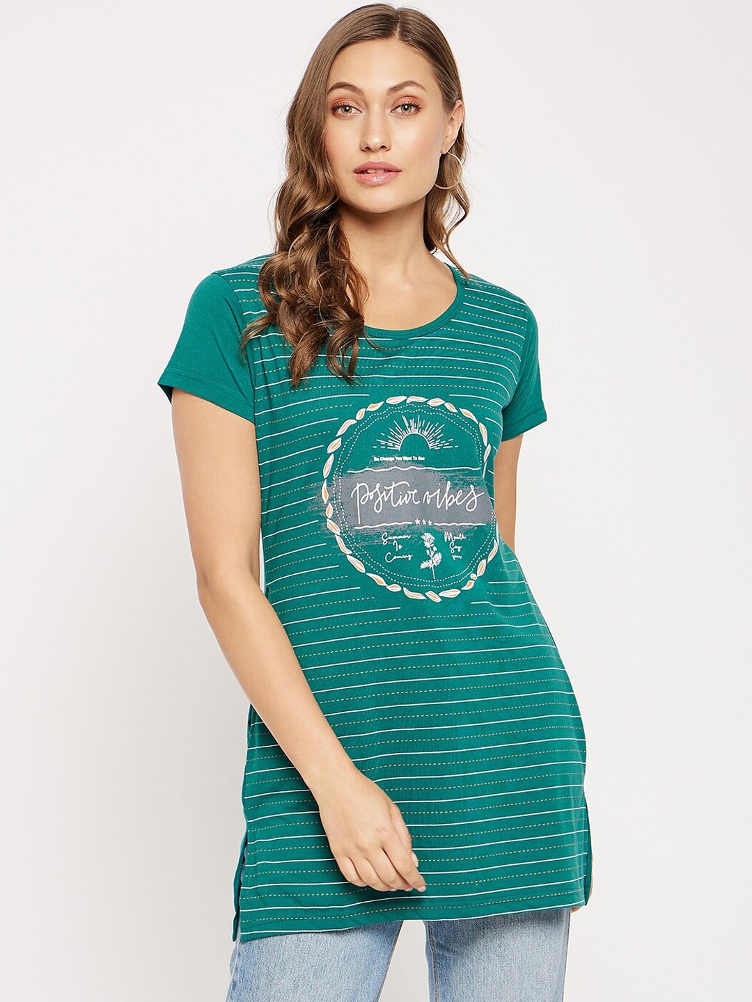 

VERO AMORE Striped Pure Cotton Longline T-Shirt, Green