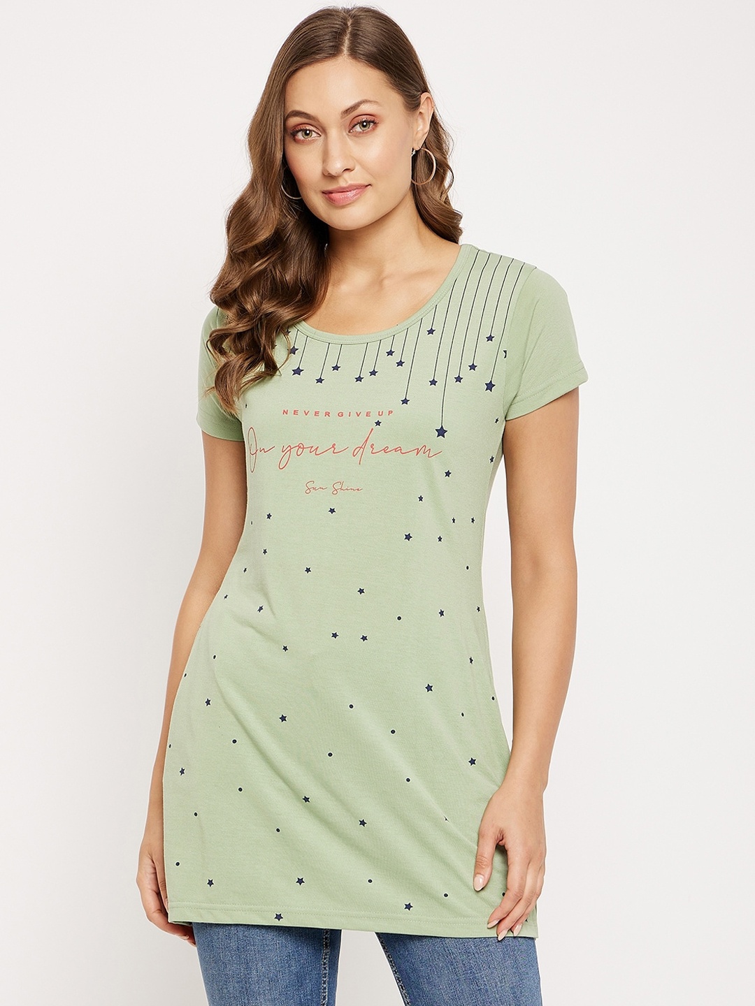 

VERO AMORE Conversational Printed Cotton Longline T-shirt, Green