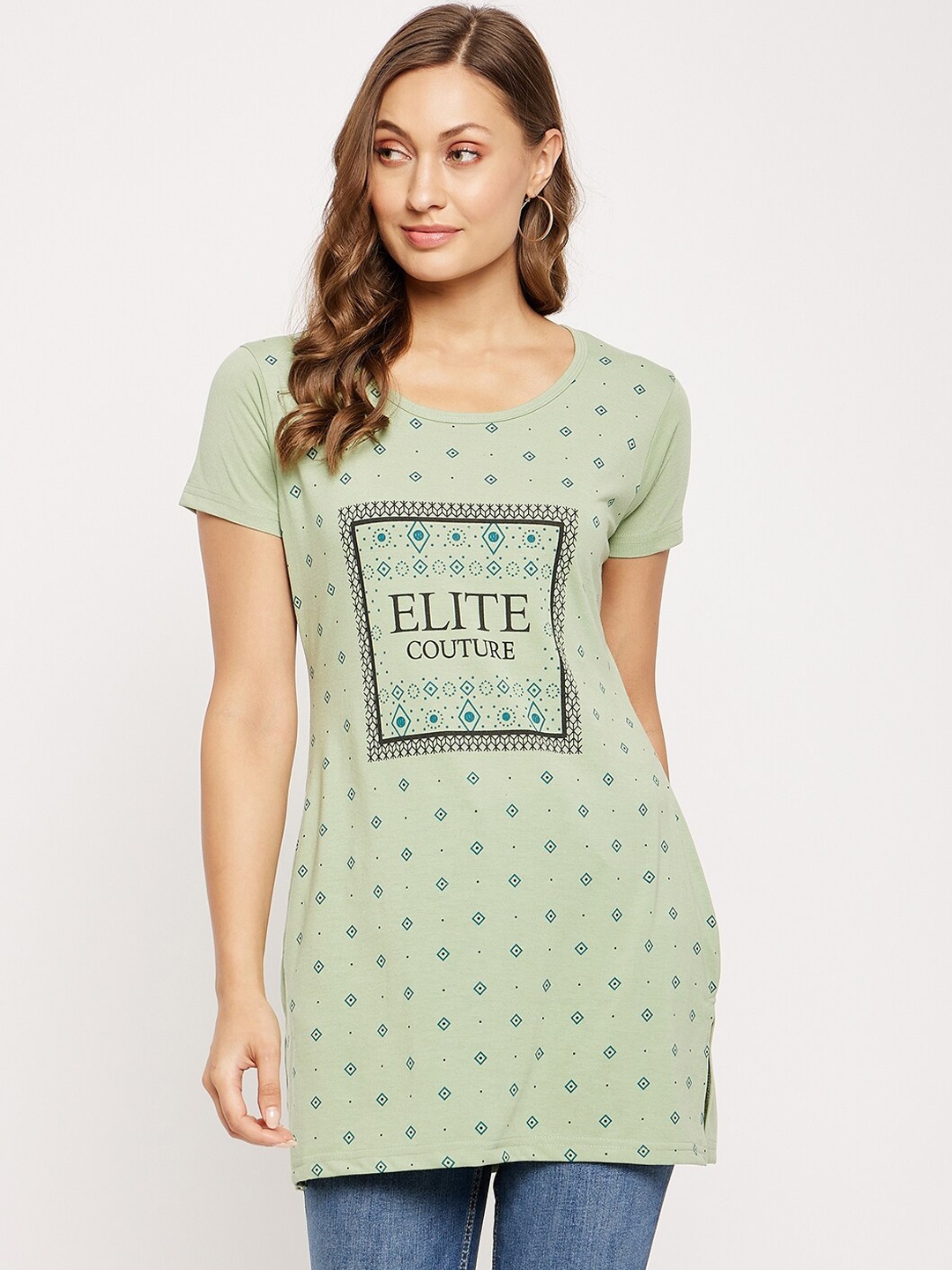 

VERO AMORE Typography Printed Pure Cotton Longline T-shirt, Green