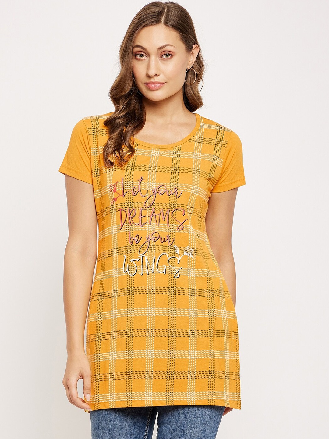

VERO AMORE Checked Printed Longline Cotton T-shirt, Mustard