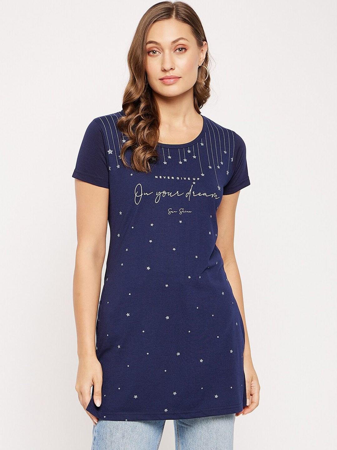 

VERO AMORE Typography Printed Longline Cotton T-shirt, Navy blue