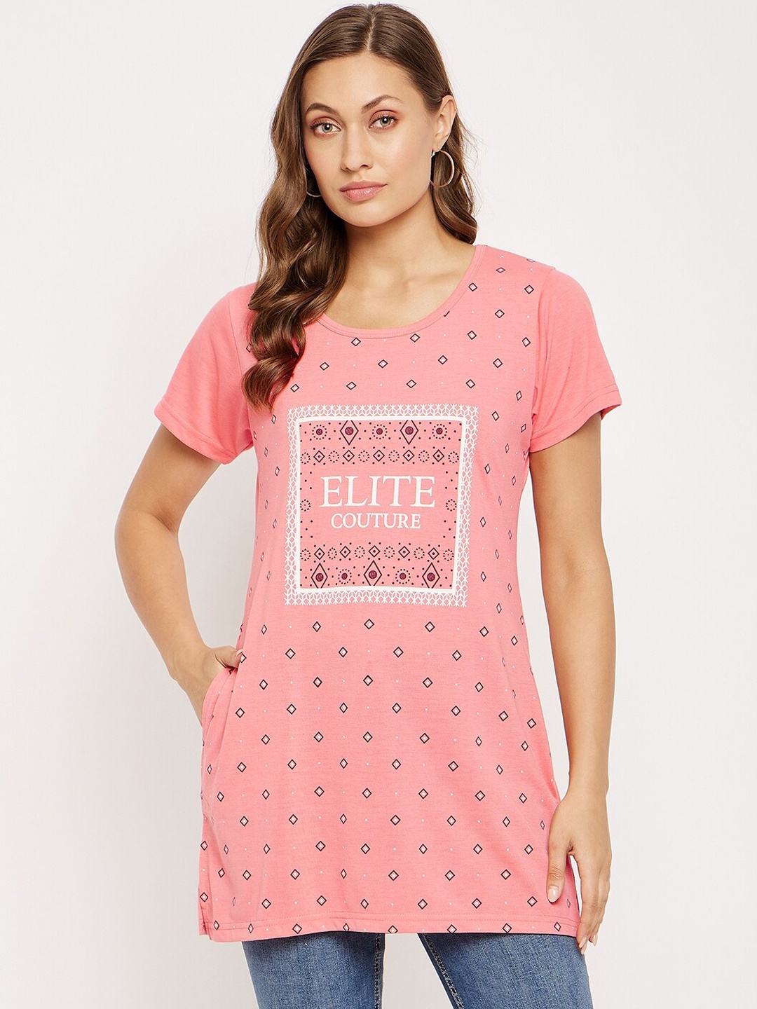 

VERO AMORE Geometric Printed Pure Cotton Longline T-shirt, Pink