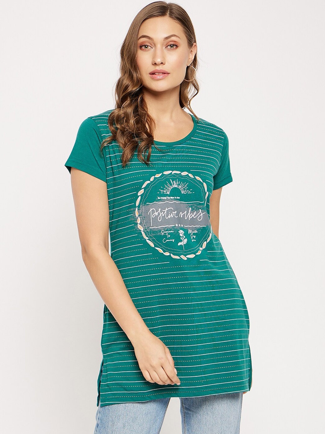 

VERO AMORE Horizontal Stripes Printed Longline Cotton T-shirt, Teal