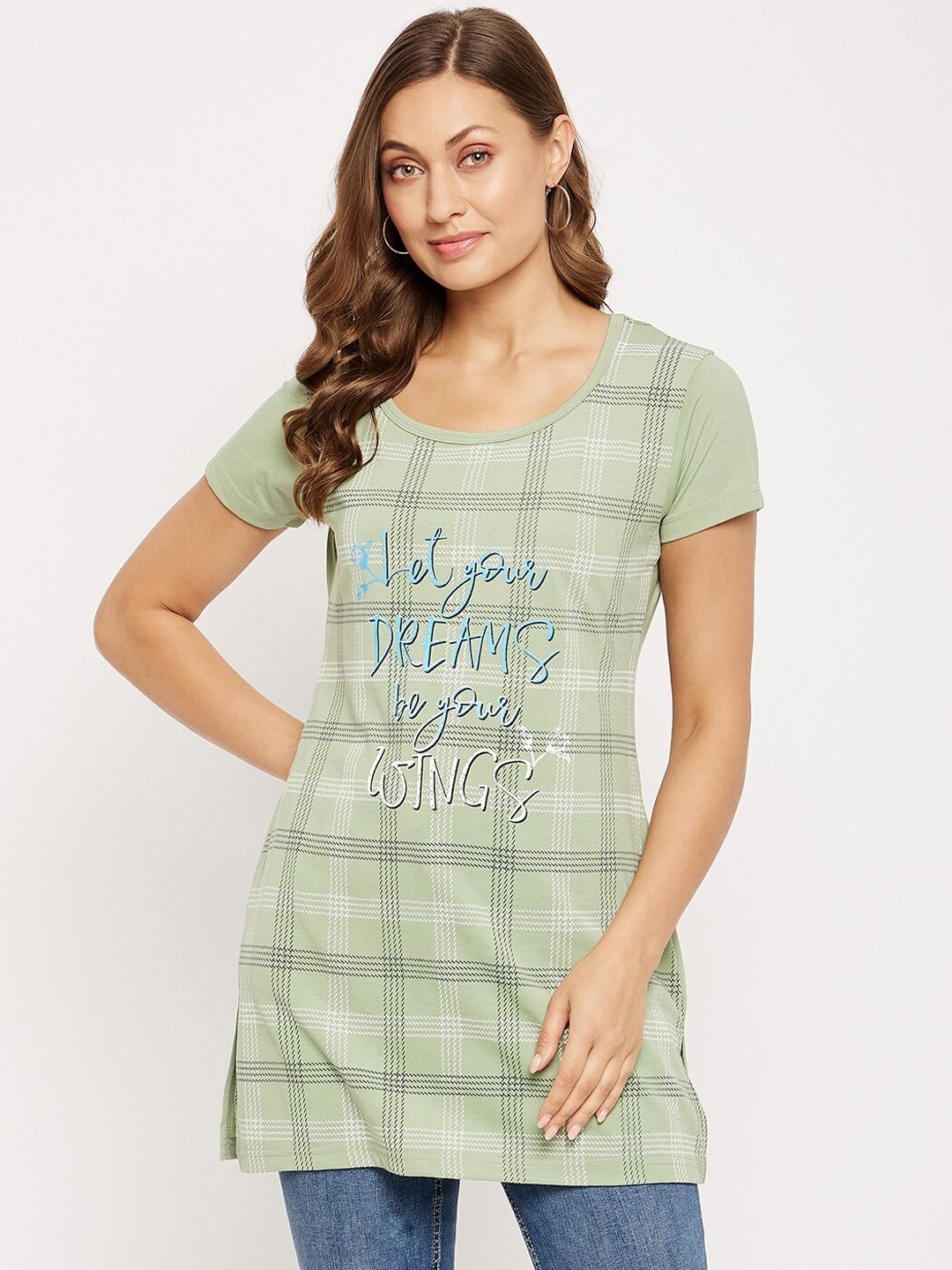 

VERO AMORE Checked Longline Cotton T-shirt, Green