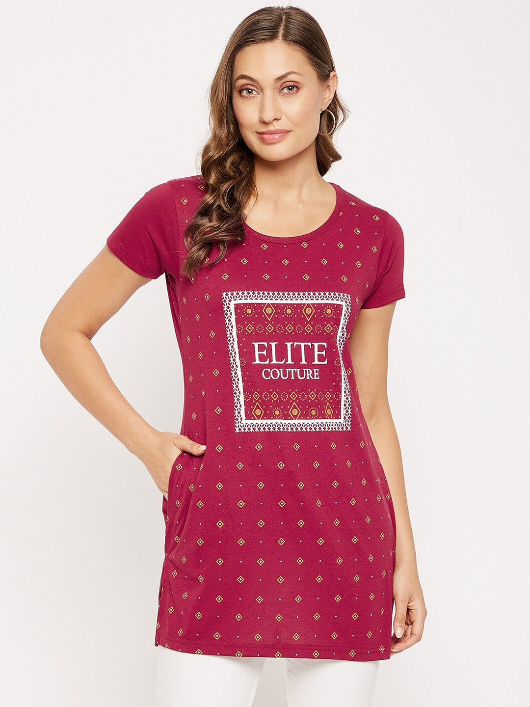 

VERO AMORE Geometric Printed Pure Cotton Longline T-shirt, Maroon