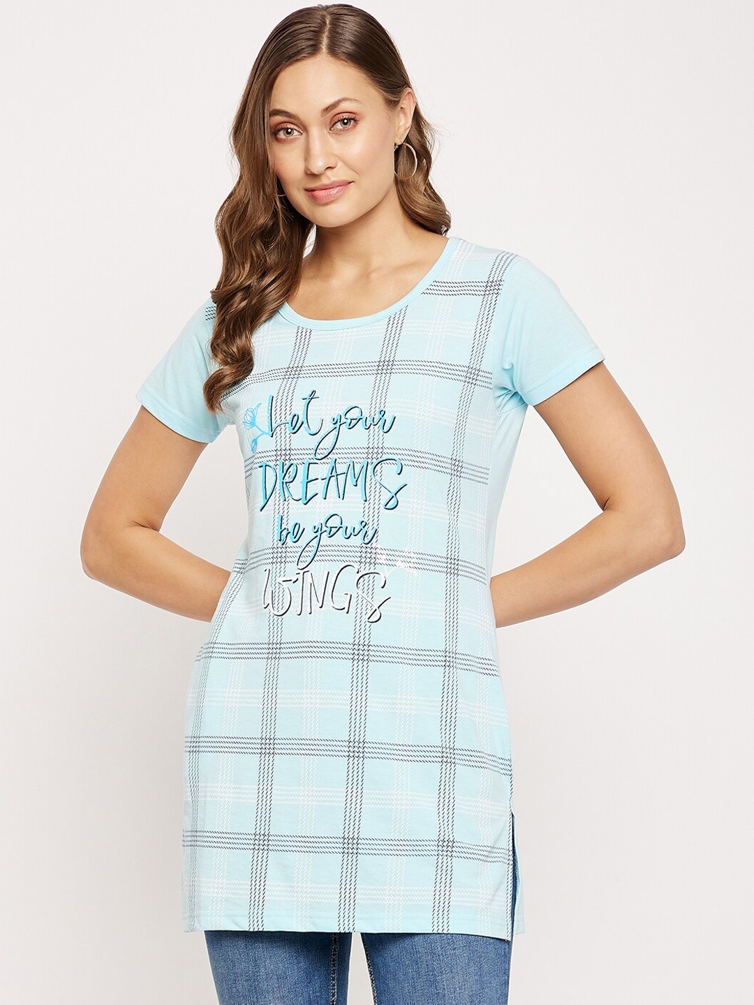 

VERO AMORE Checked Pure Cotton Longline T-shirt, Blue
