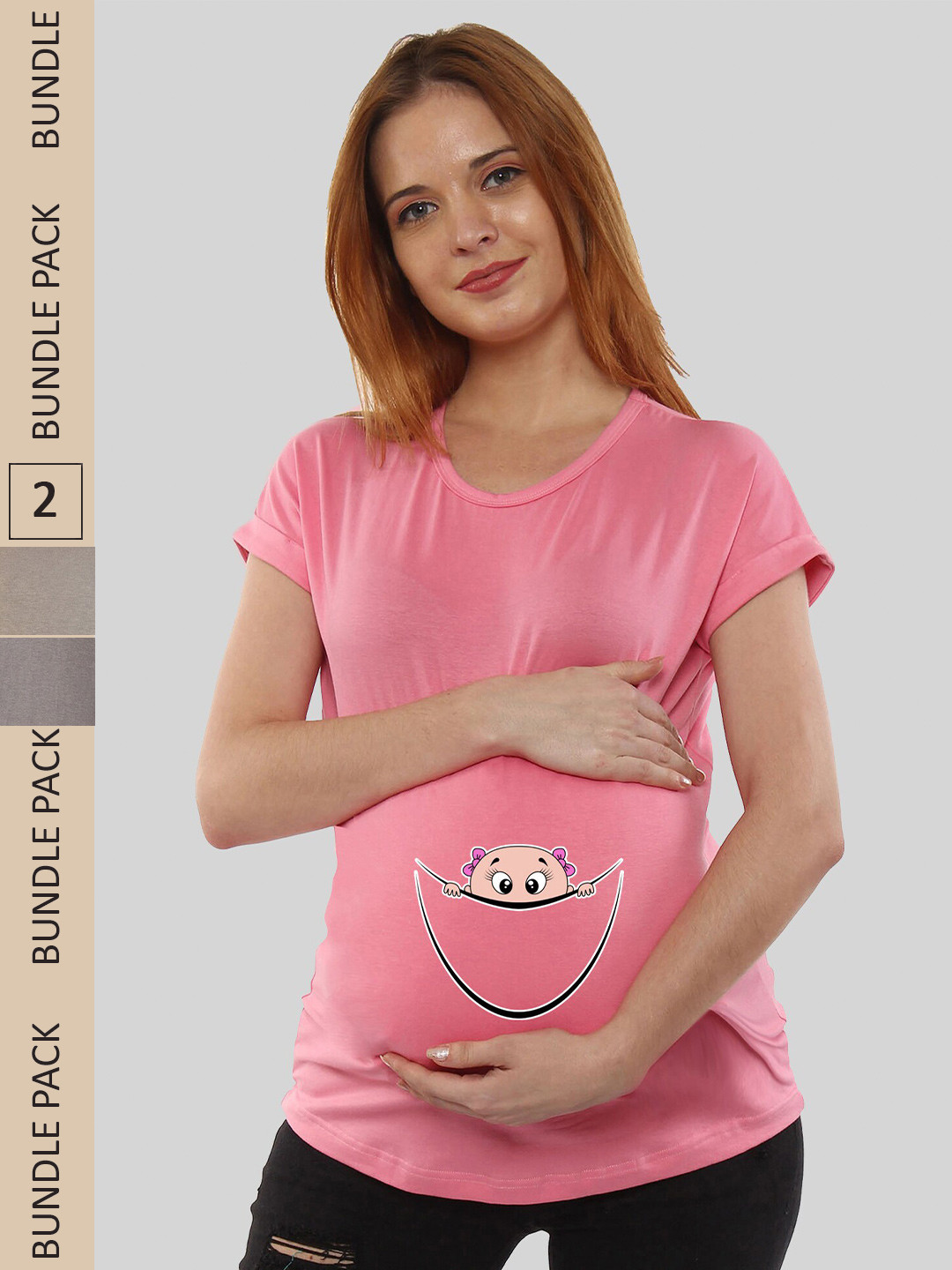 

SillyBoom Pack Of 2 Printed Cotton Pregnancy Feeding T-Shirt, Pink