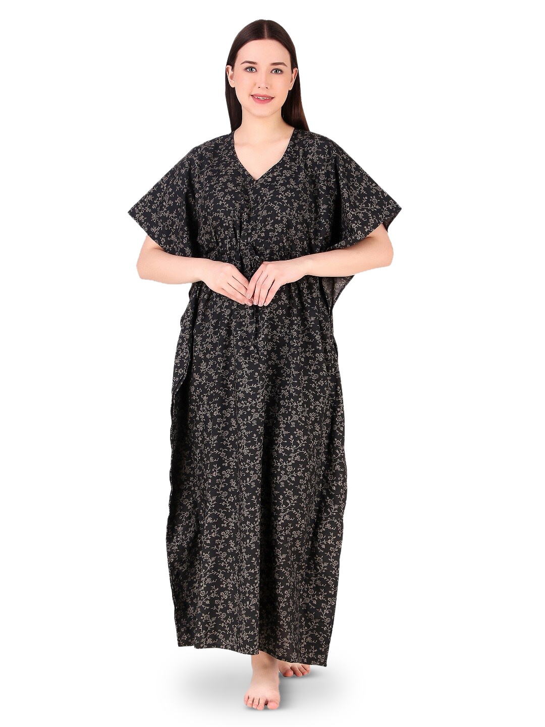 

Masha Black Ethnic Motifs Printed Pure Cotton Kaftan Maxi Nightdress
