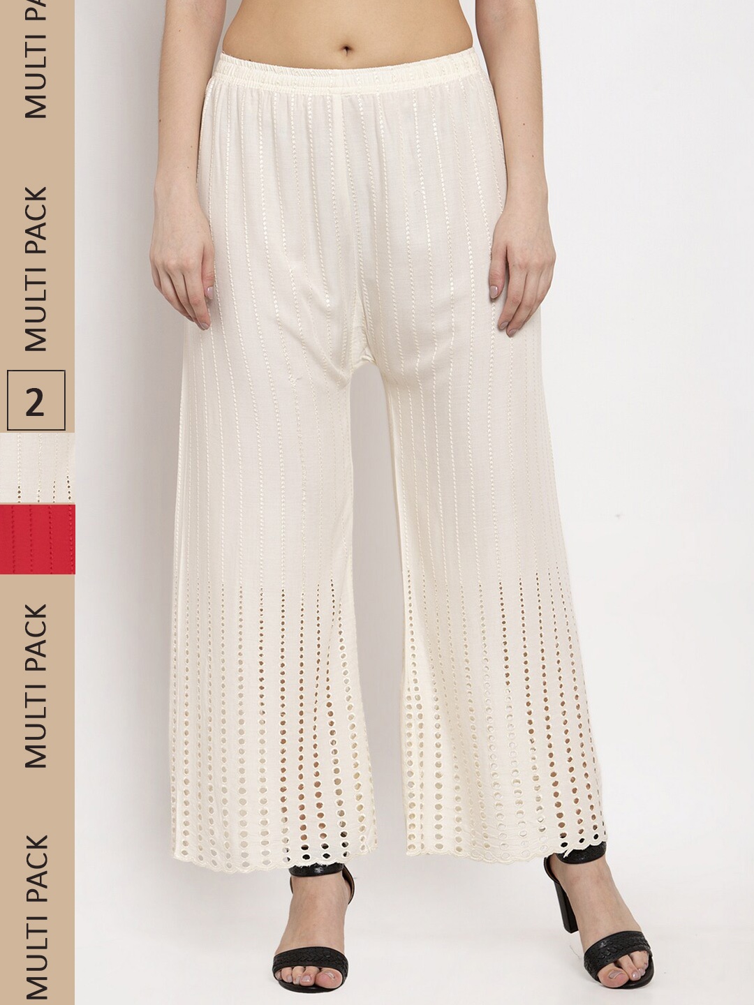

borse lele Women Pack Of 2 Self Design Striped Knitted Palazzos, Off white