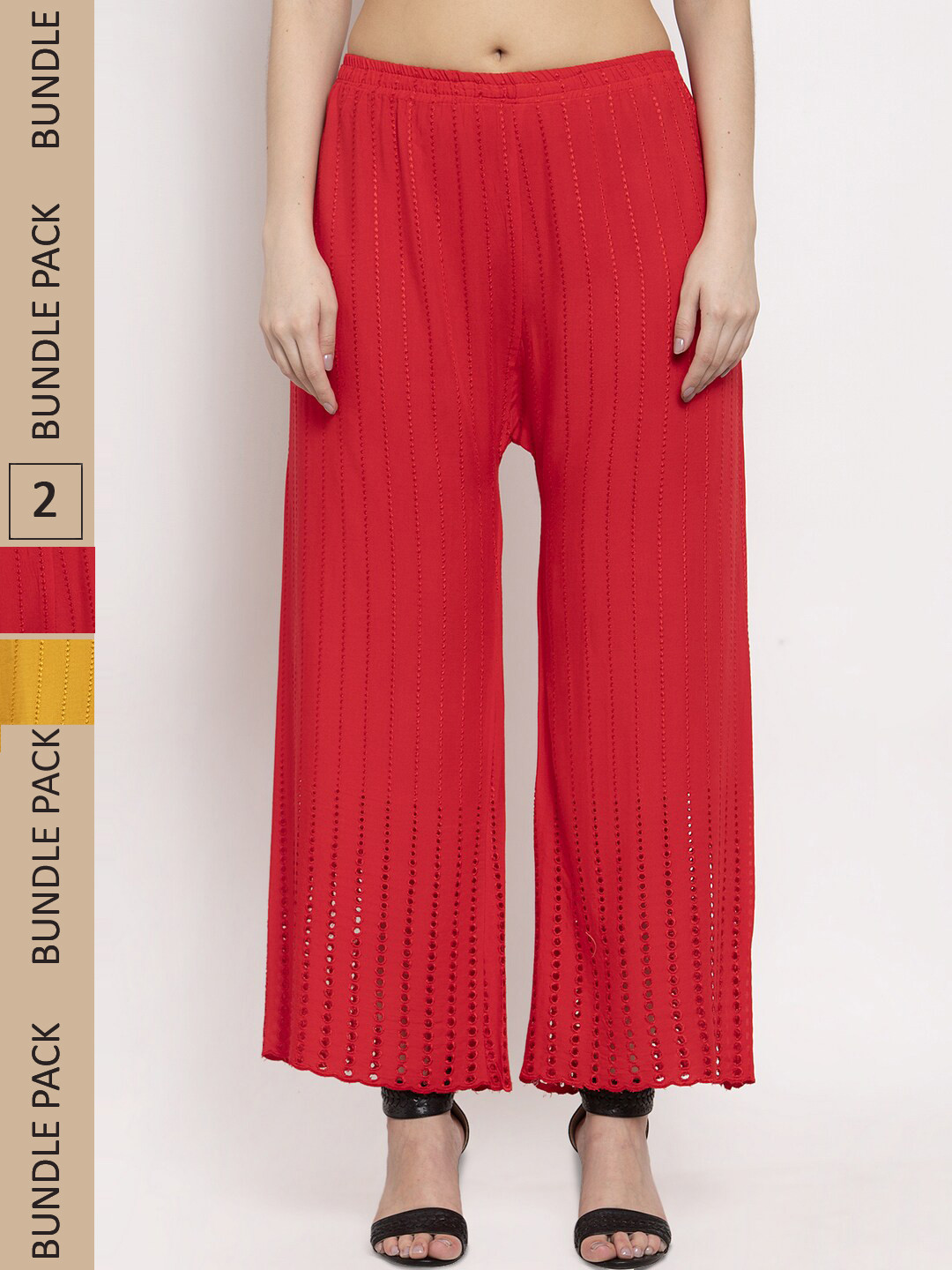

borse lele Women Pack Of 2 Self Design Striped Knitted Palazzos, Red
