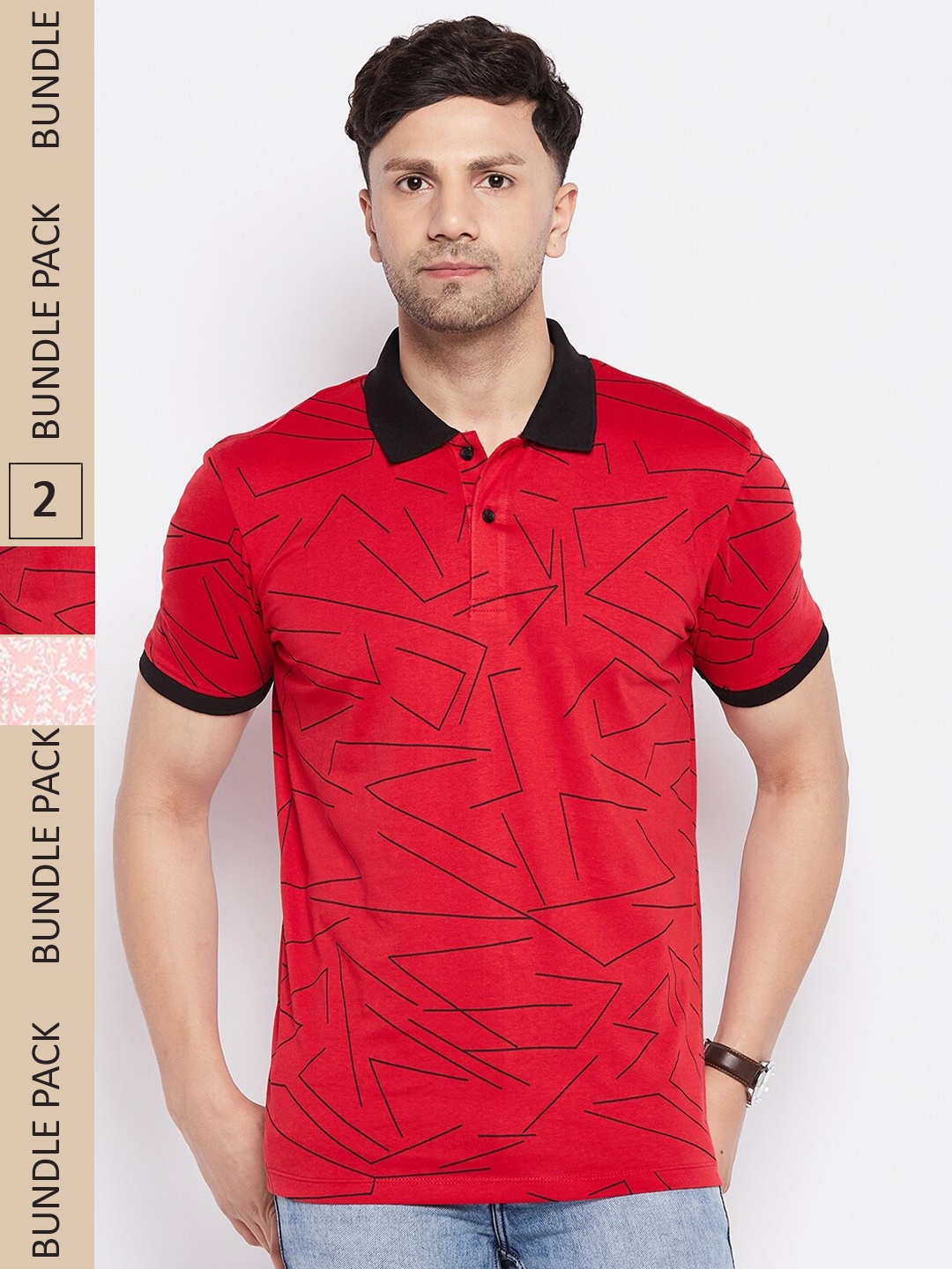

WILD WEST Pack Of 2 Geometric Printed Polo Collar T-shirt, Red