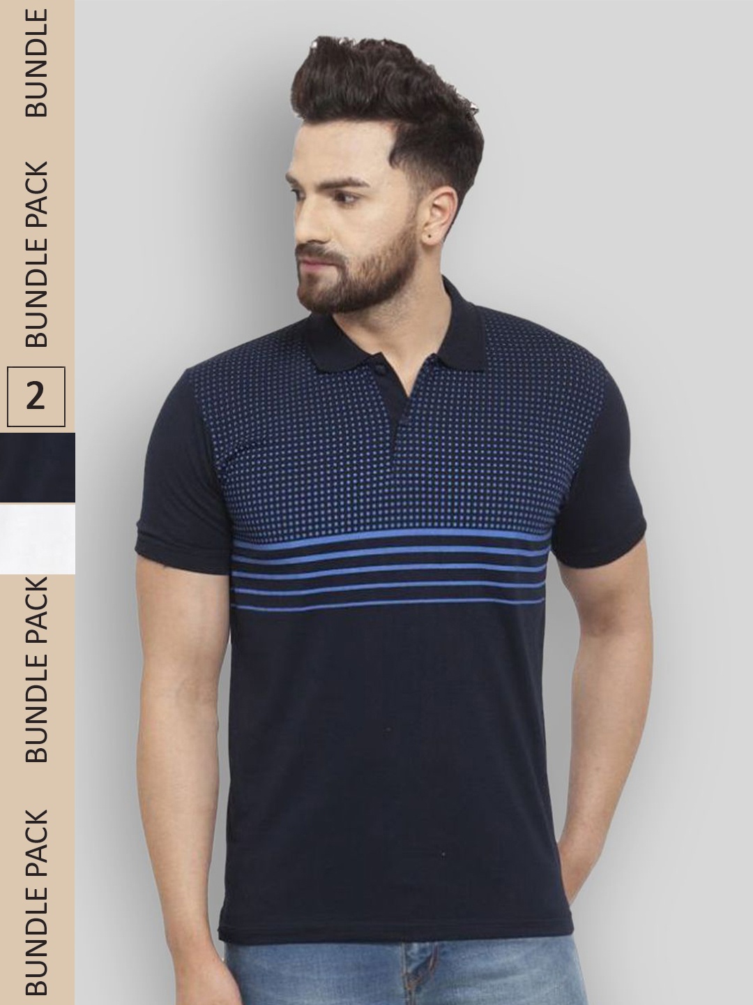 

WILD WEST Pack Of 2 Striped Polo Collar T-shirt, Navy blue