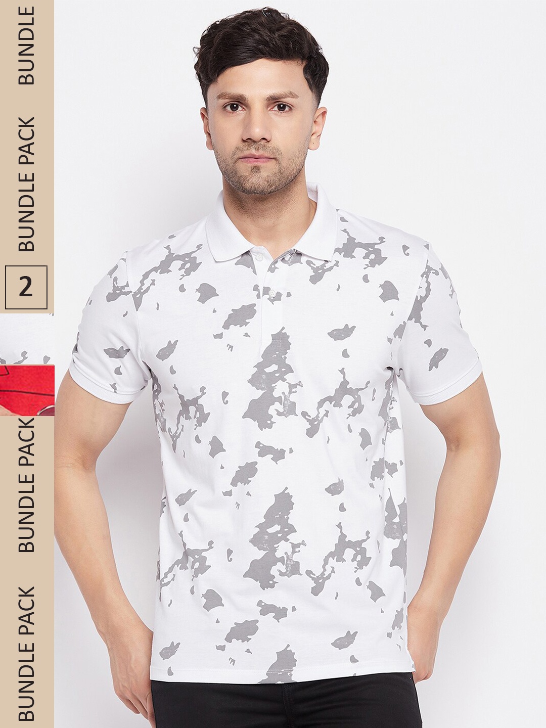 

WILD WEST Pack Of 2 Printed Polo Collar Cotton T-shirts, White
