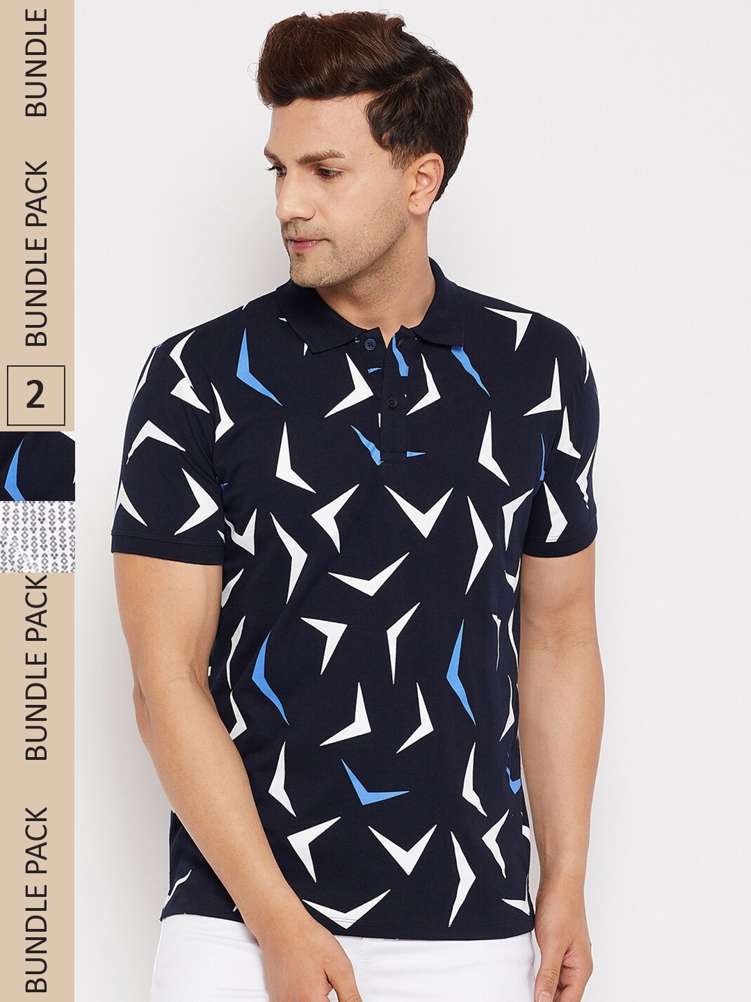 

WILD WEST Men Pack of 2 Printed Polo Collar Cotton T-shirts, Navy blue