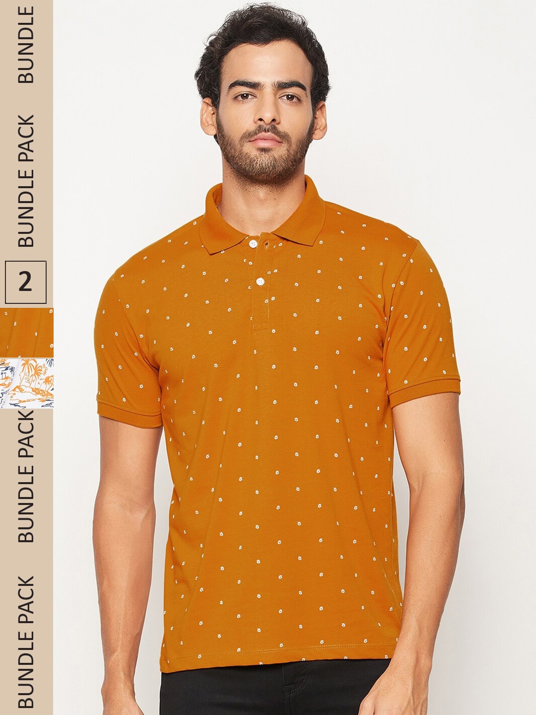 

WILD WEST Pack Of 2 Printed Polo Collar Cotton T-shirts, Mustard