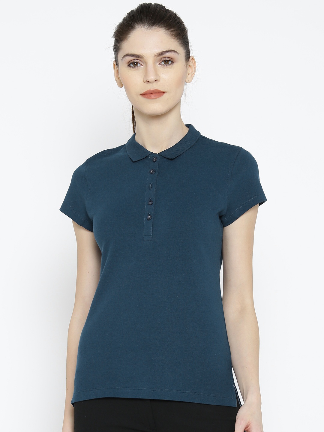 

Wills Lifestyle Women Navy Blue Solid Polo Collar T-shirt