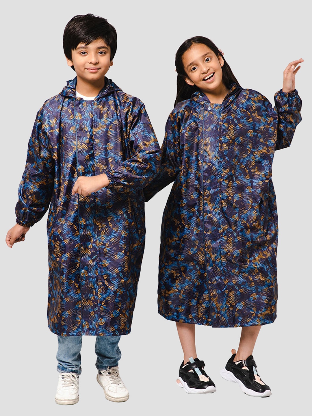 

THE CLOWNFISH Splash Squad Kids Printed Waterproof Double Coating Reversible Rain Jacket, Navy blue