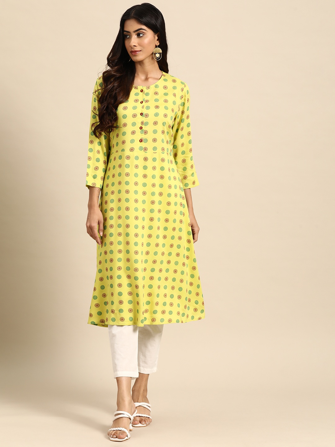 

all about you Geometric Printed Kurta, Lime green