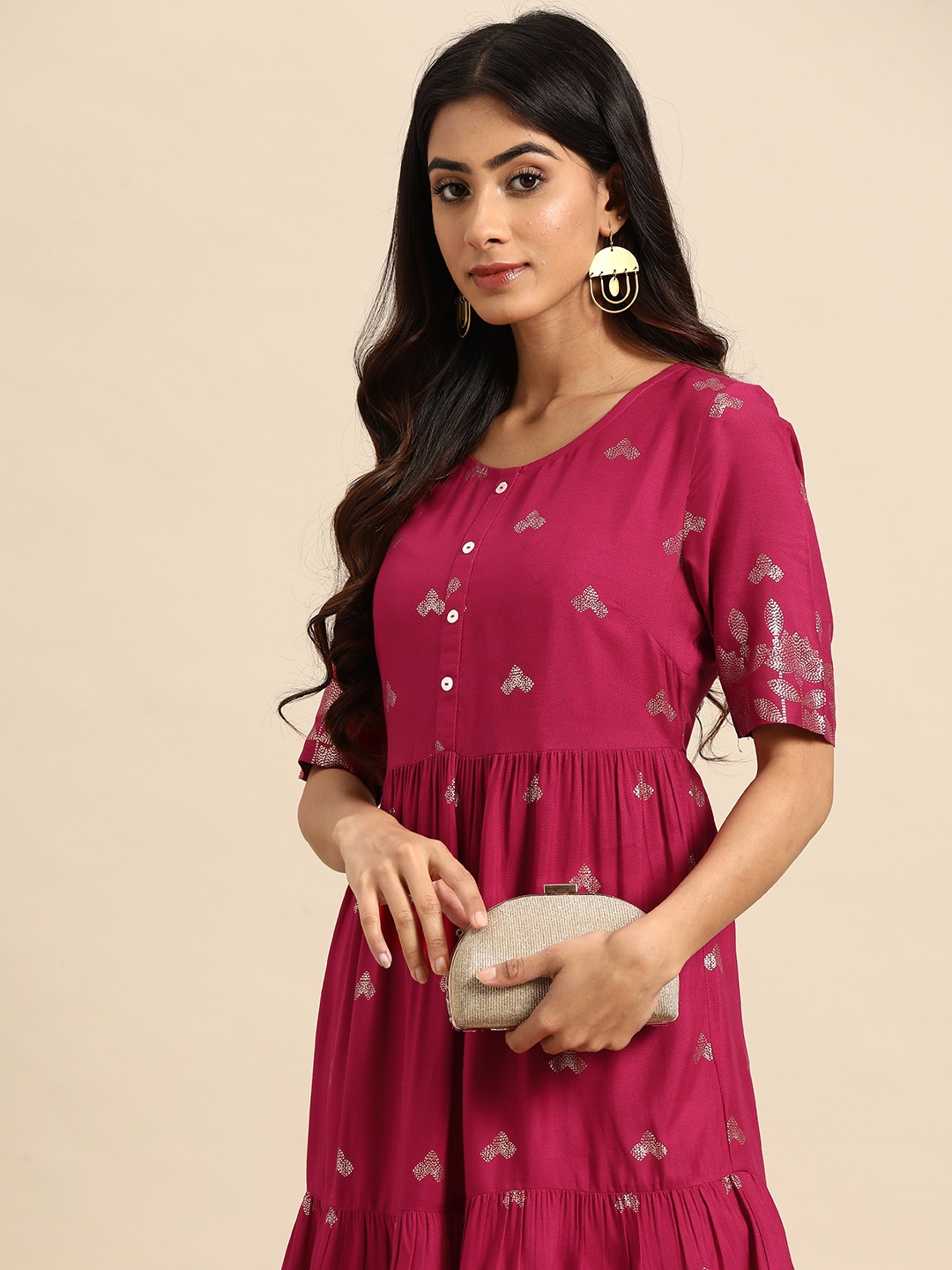 

all about you Geometric Printed Anarkali Kurta, Fuchsia