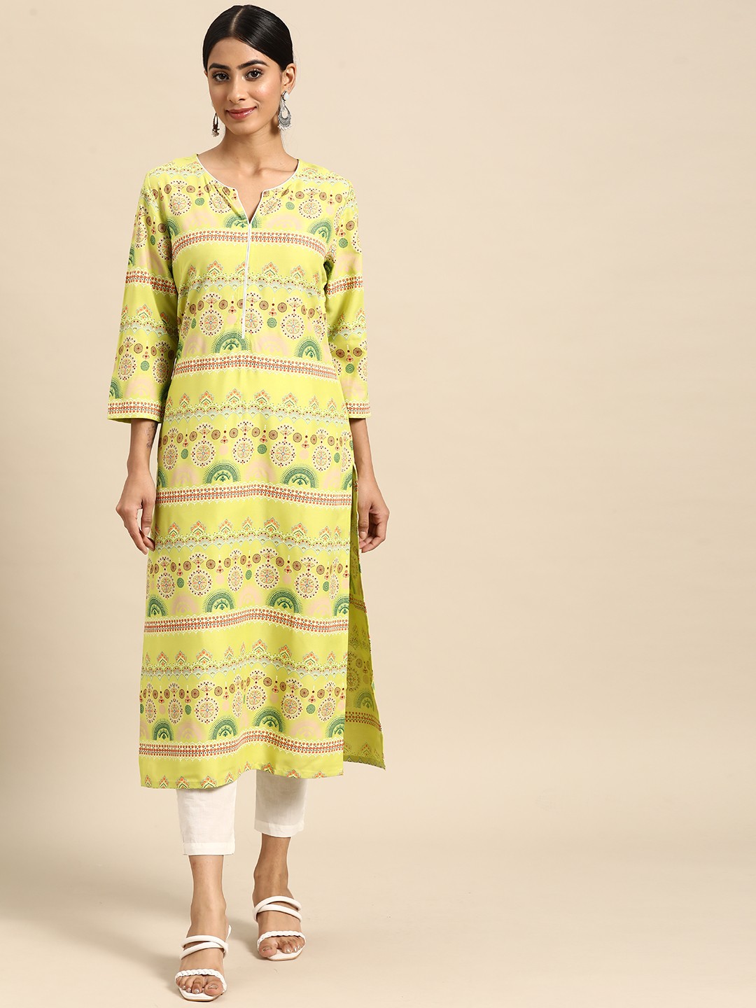 

all about you Ethnic Motifs Printed Kurta, Lime green