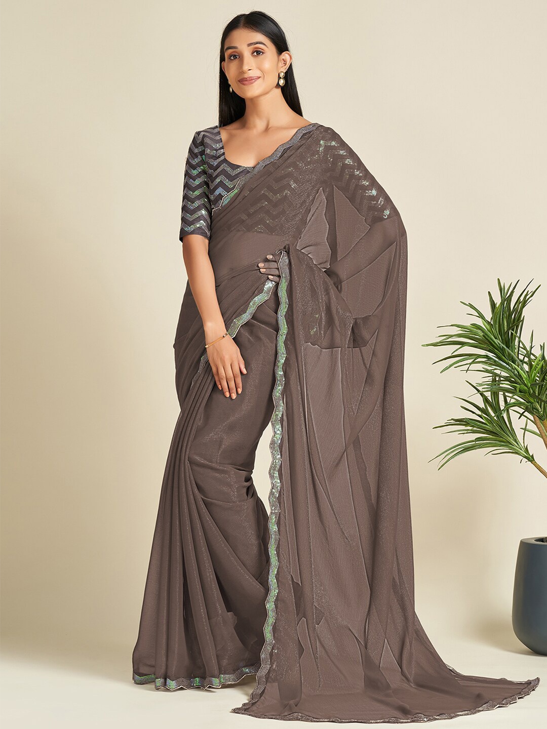 

Saree mall Brown Blue Sequin Embellished Poly Georgette Sarees