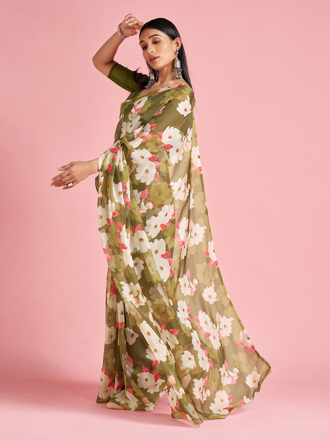 

Saree mall Olive Green & White Floral Printed Organza Sarees