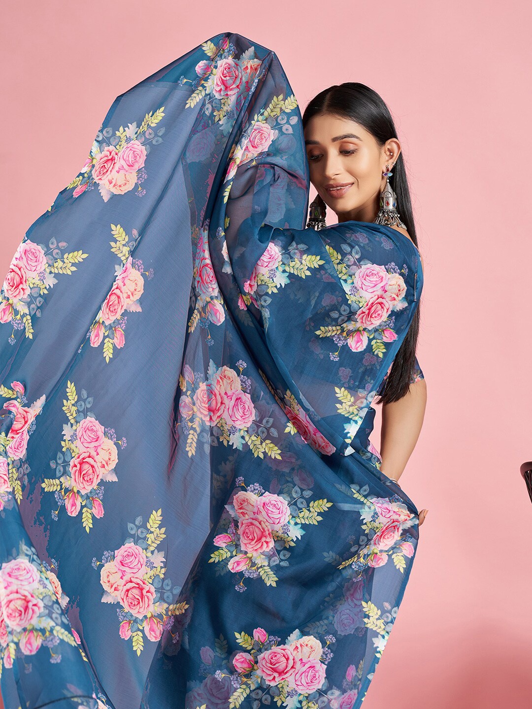 

Saree mall Teal & Pink Floral Printed Organza Sarees