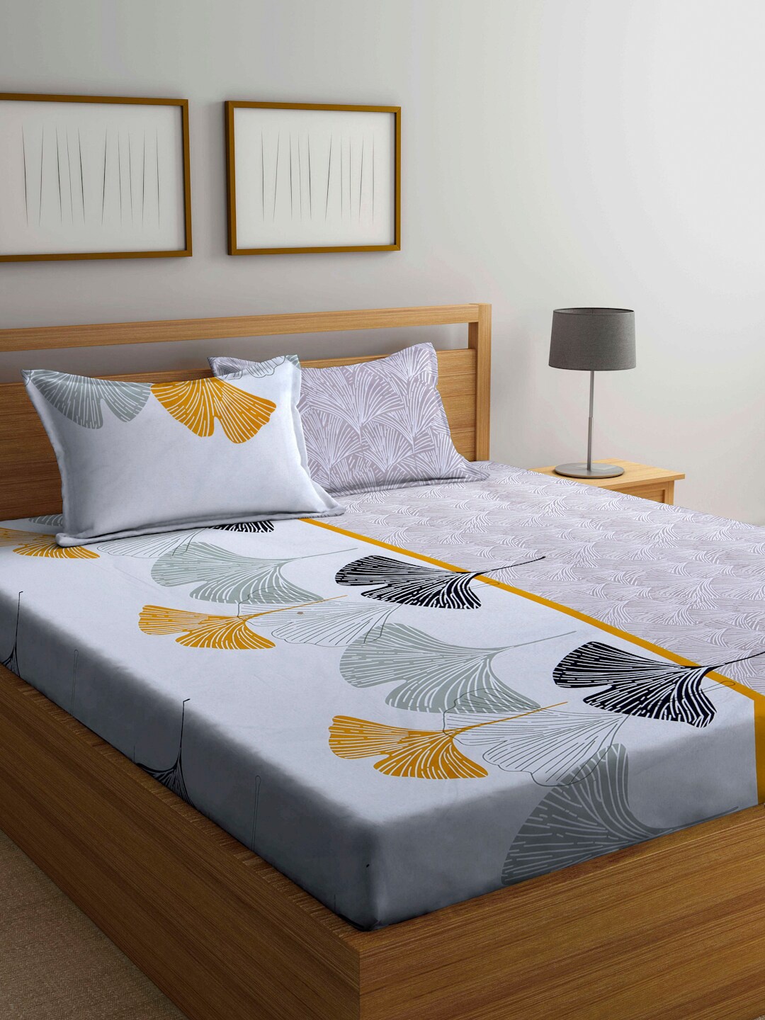 

FABINALIV White & Yellow Floral Print 300 TC Super King Size Bedsheet & 2 Pillow Covers