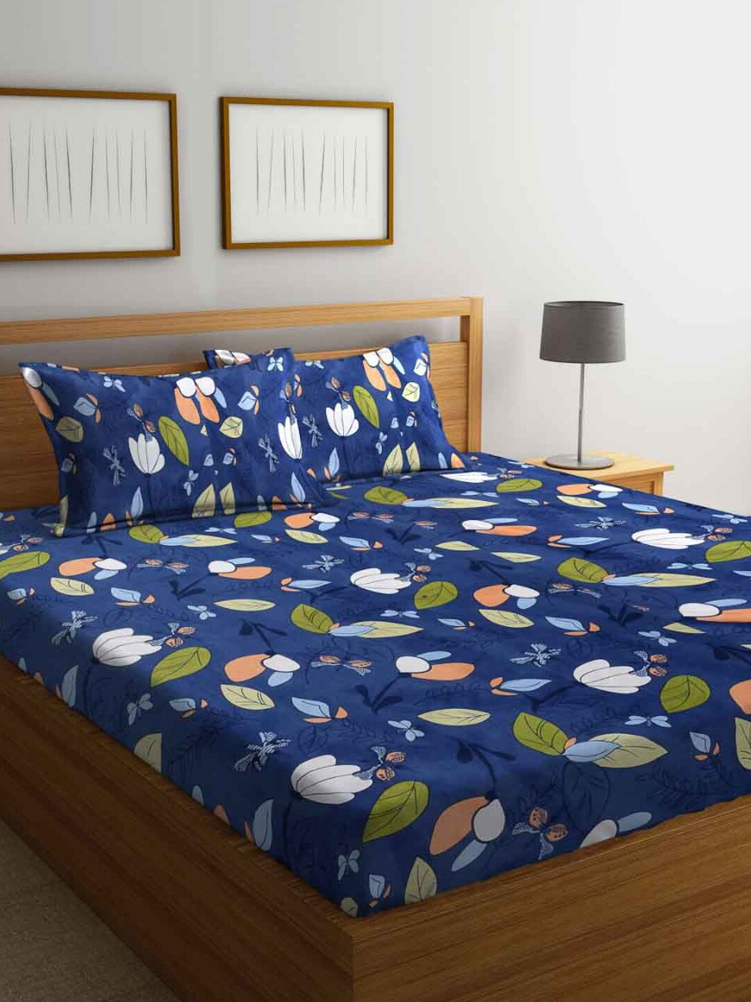 

FABINALIV Blue & Green Floral Print 300 TC Super King Size Bedsheet with 2 Pillow Covers