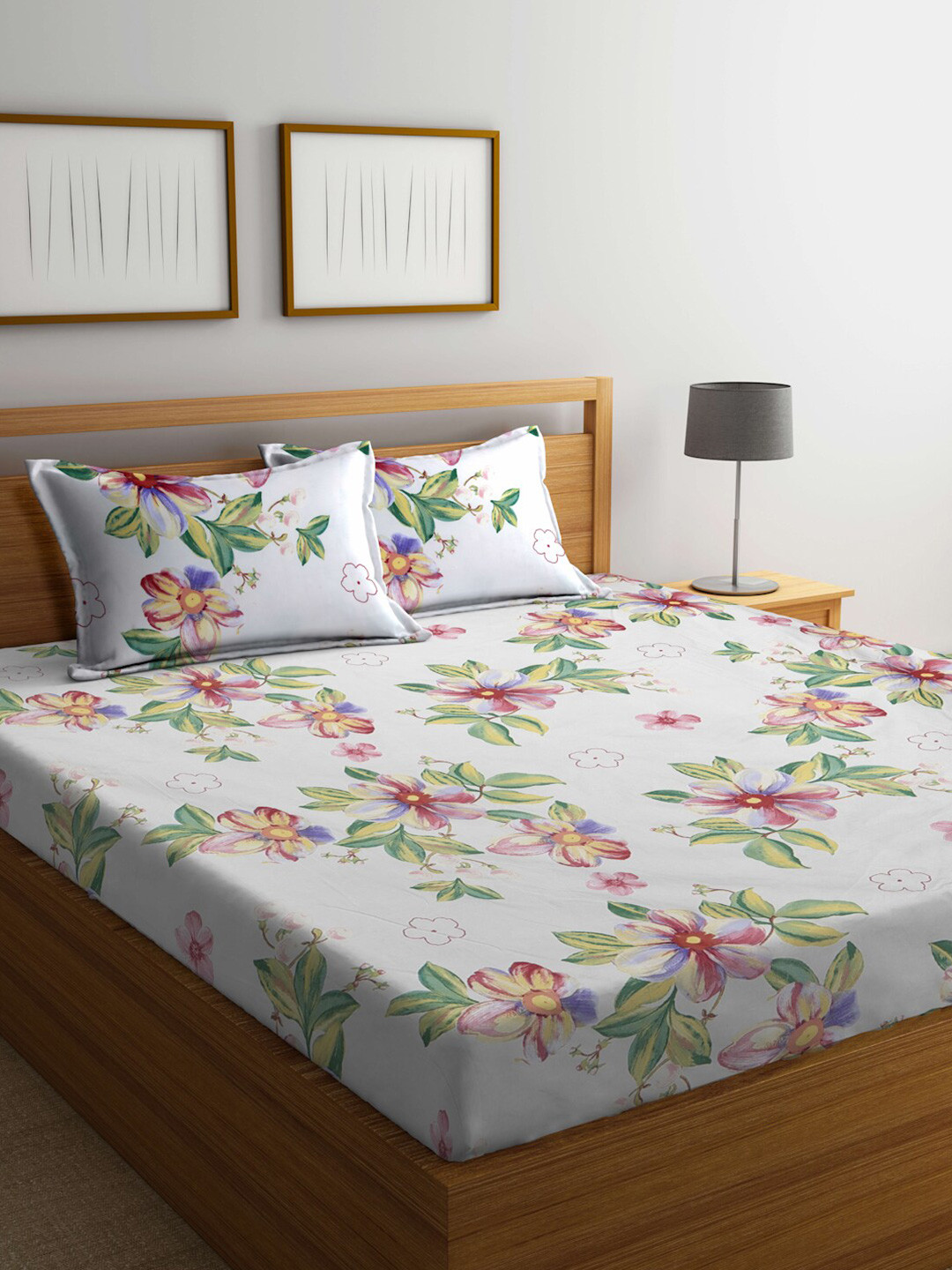 

FABINALIV White & Green Floral Print 300 TC Super King Size Bedsheet with 2 Pillow Covers