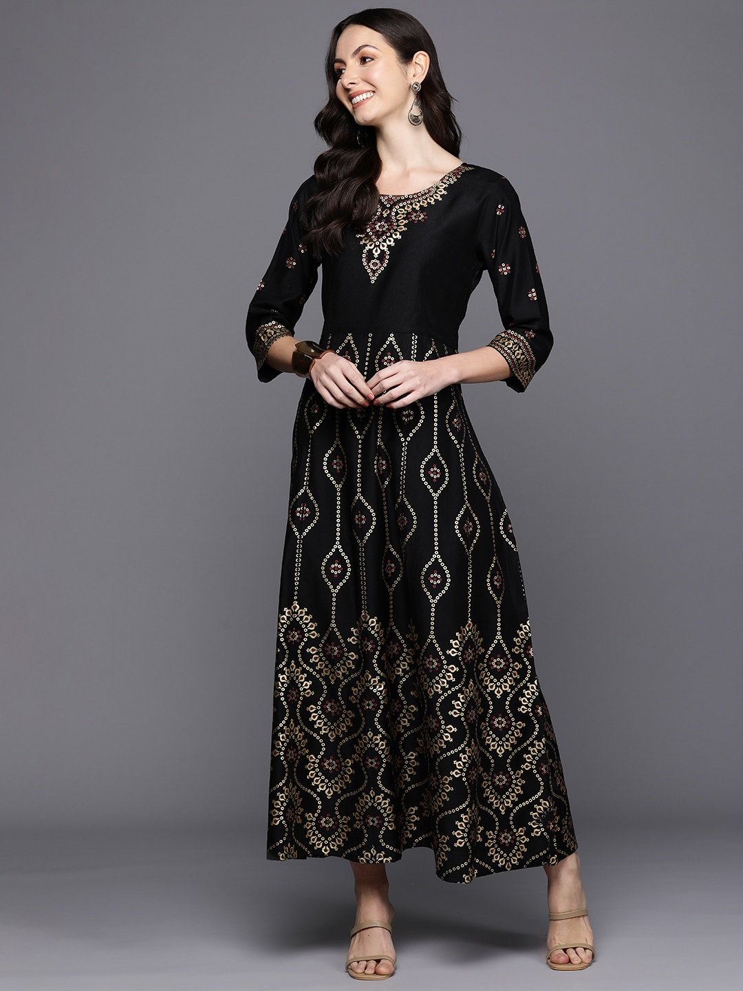 

Indo Era Ethnic Motifs Foil Print Liva A-Line Maxi Dress, Black