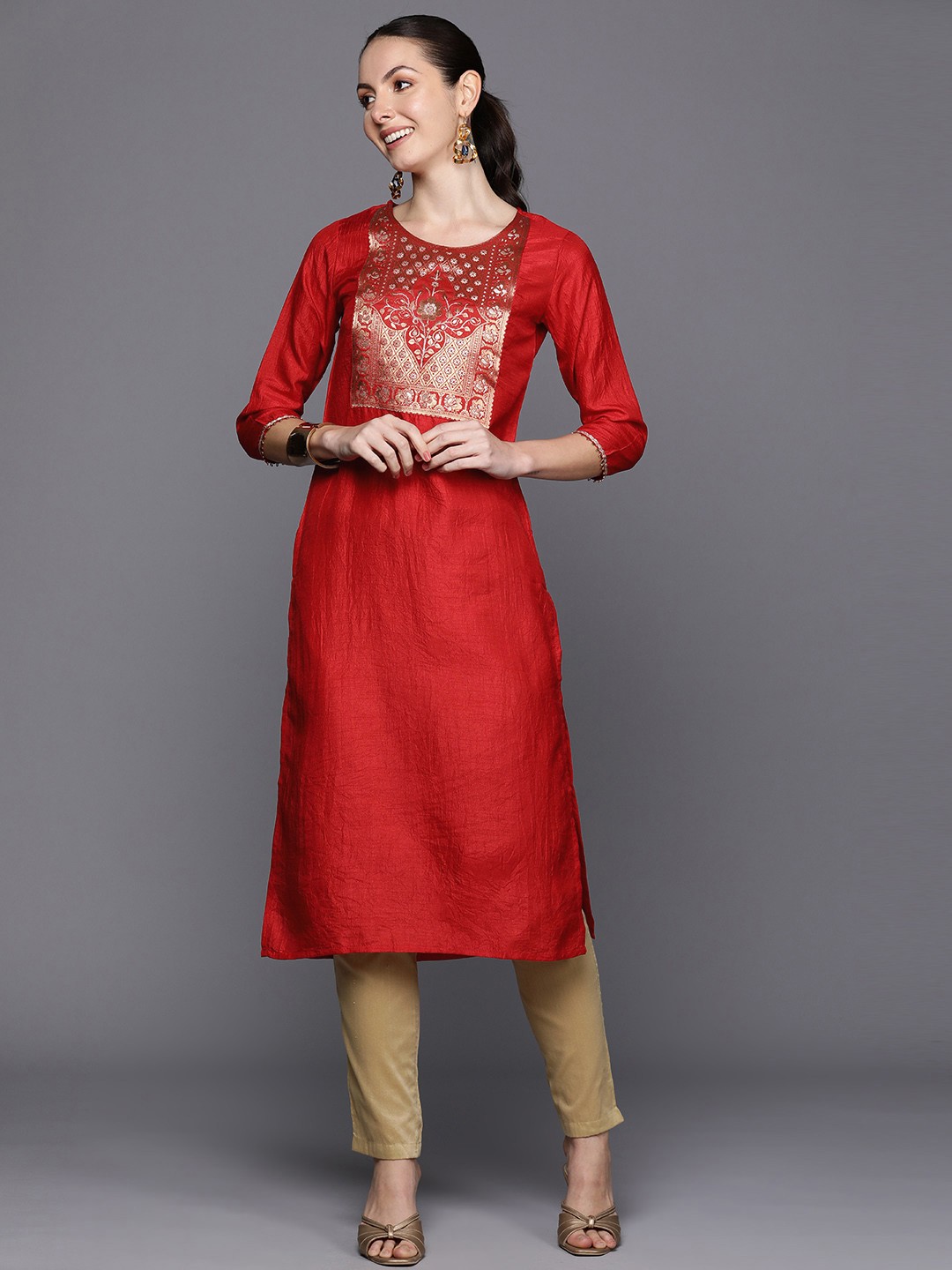 

Indo Era Yoke Design Floral Kurta, Red