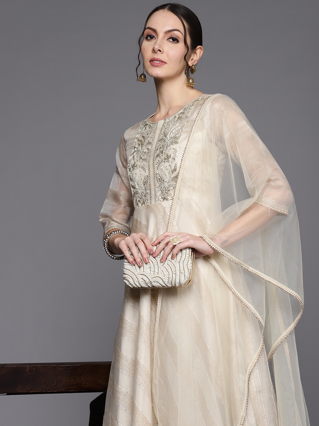 

Indo Era Striped A-Line Sequinned Maxi Ethnic Dress With Dupatta, Off white