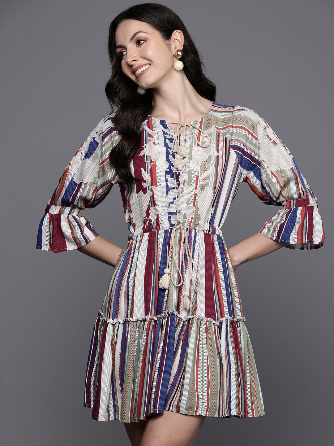 

Indo Era Striped Embroidered & Tie-Up Detail Mini A-Line Dress, Multi