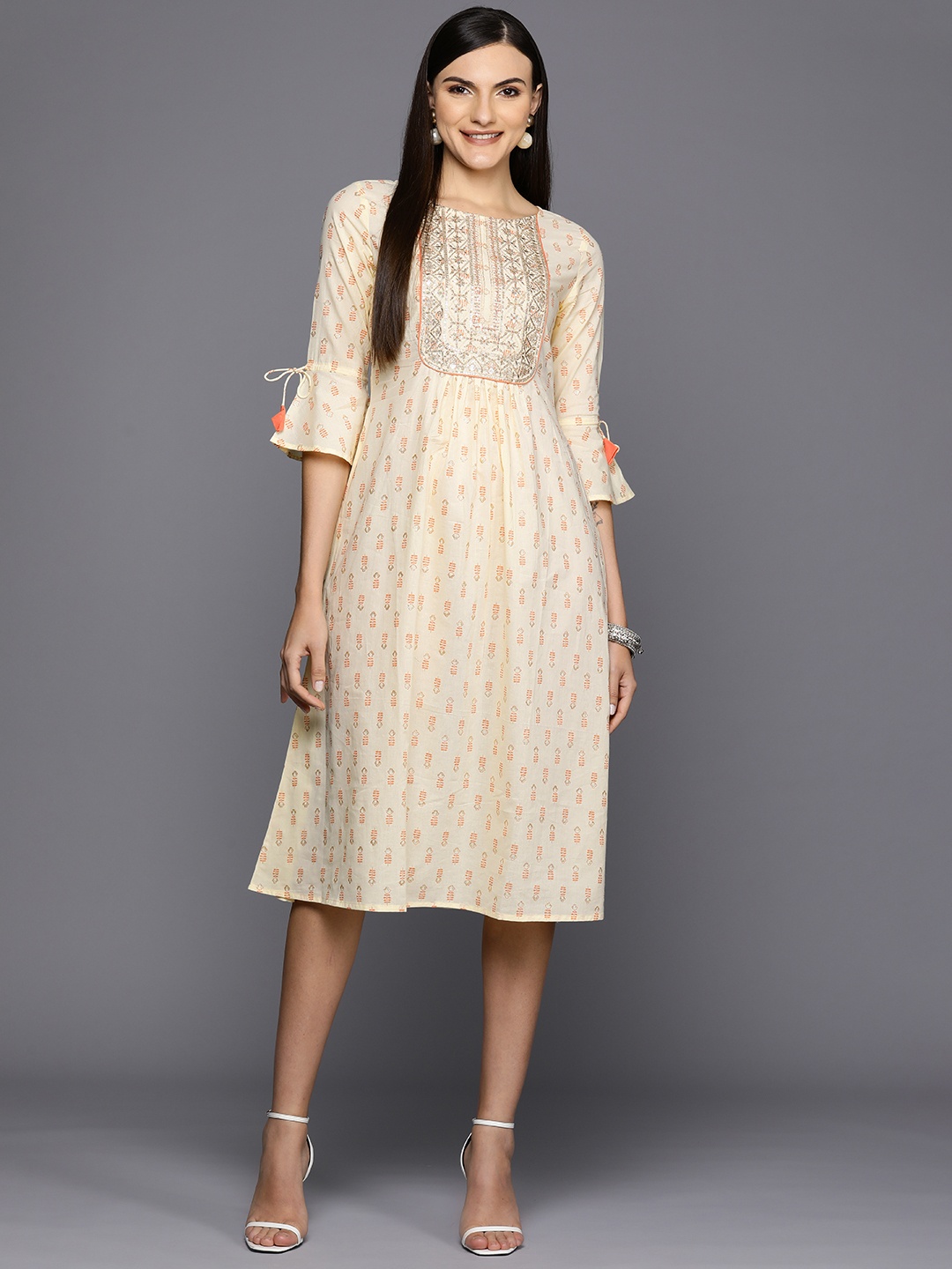 

Indo Era Off Ethnic Motifs Printed Embroidered & Sequinned Detail Midi A-Line Dress, Off white
