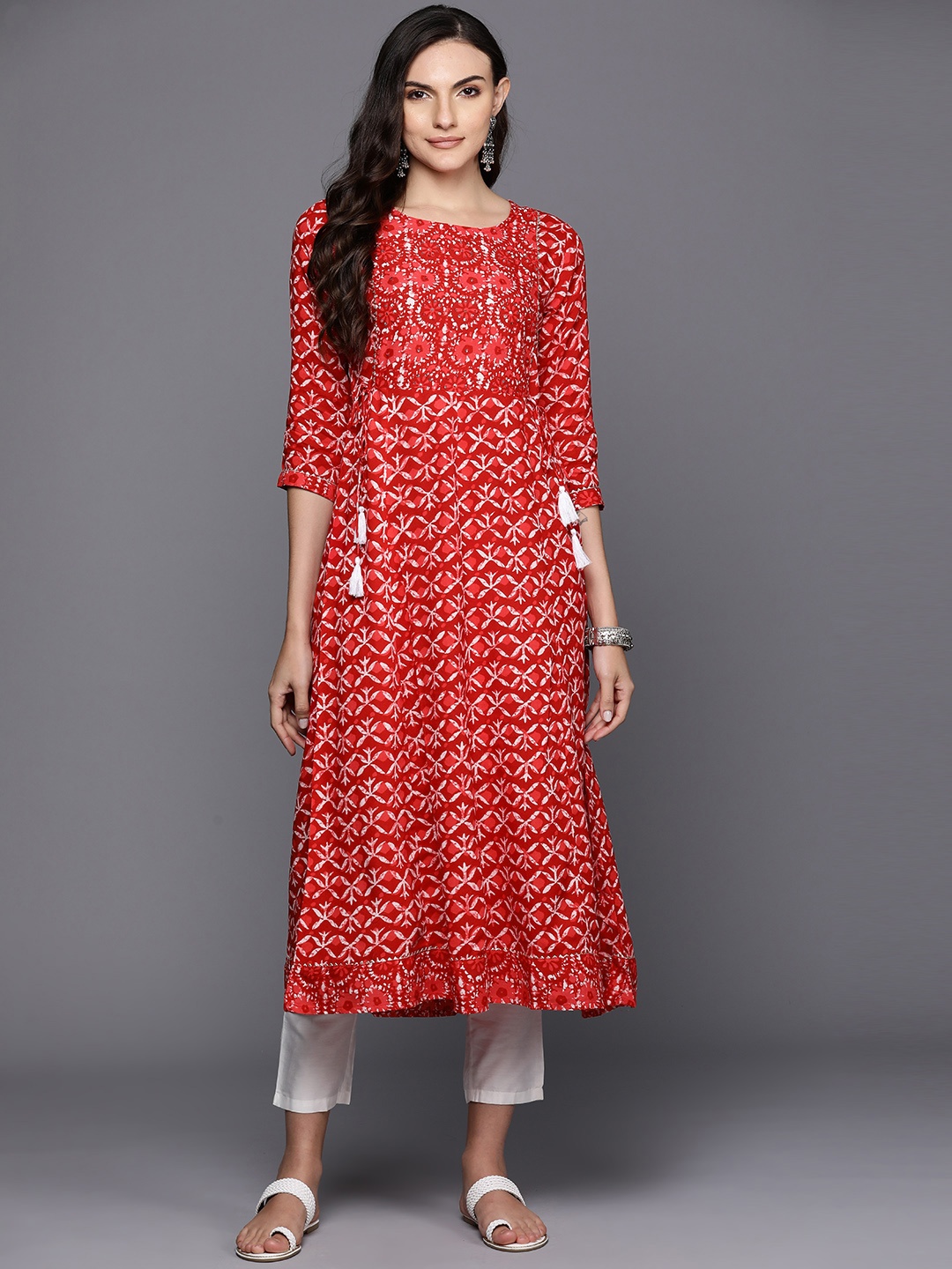 

Indo Era Ethnic Motifs Printed Sequinned Detail A-Line Kurta, Red