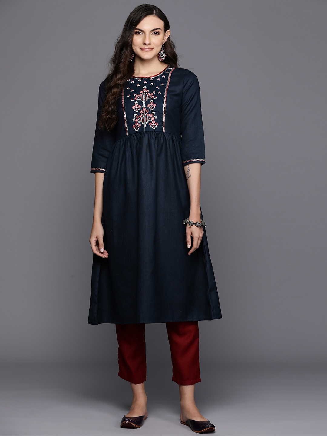 

Indo Era Floral Embroidered Gathered Detail Empire Style A-Line Kurta, Navy blue