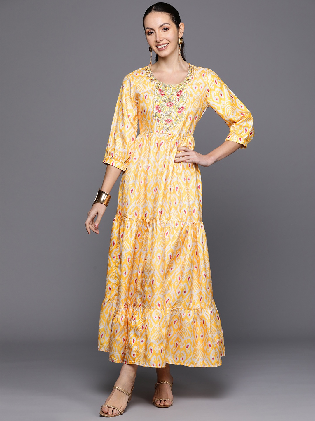 

Indo Era Ethnic Motifs Printed Embroidered Detail Tiered Maxi Dress, Yellow