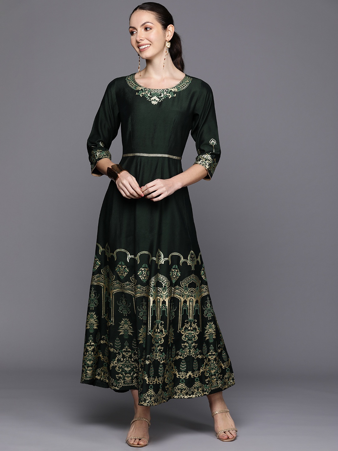 

Indo Era Ethnic Motifs Foil Printed Belted Detail Ethnic Maxi Dress, Green