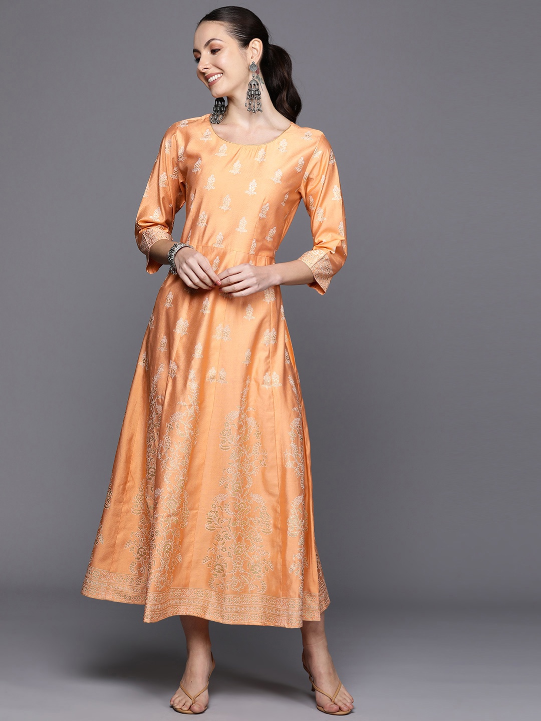 

Indo Era Ethnic Motifs Printed Maxi A-Line Dress, Orange