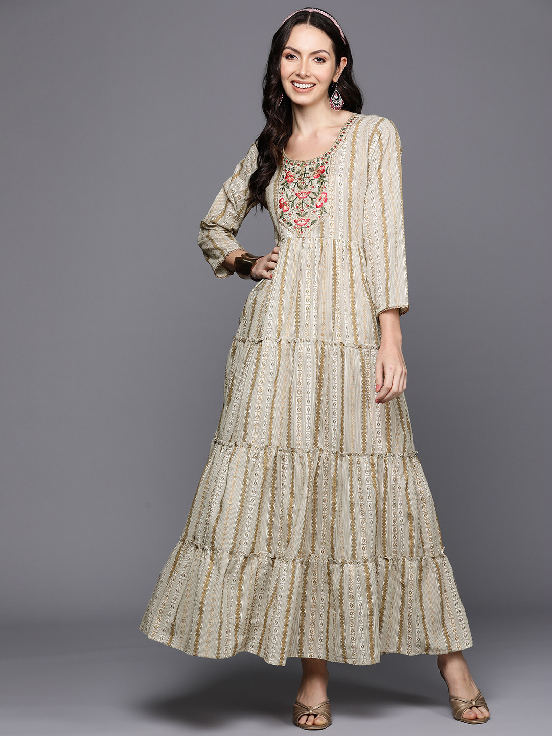 

Indo Era Ethnic Motifs Printed Embroidered Detail Tiered Maxi Dress, Beige