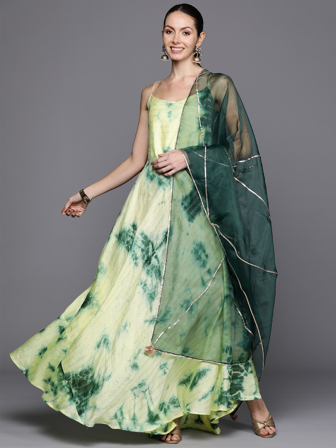 

Indo Era Tie & Dye Liva Satin A-Line Maxi Dress With Embellished Detail & Dupatta, Lime green